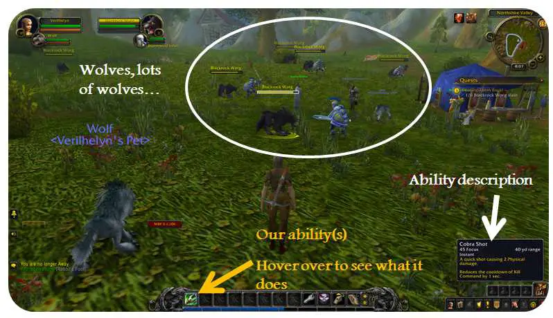 Player hovering over spell name to see description of ability in World of Warcraft