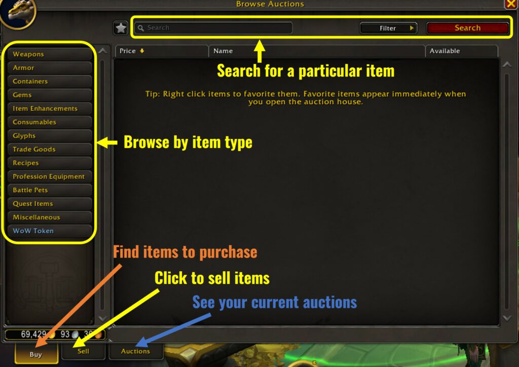 Auction house interface in World of Warcraft