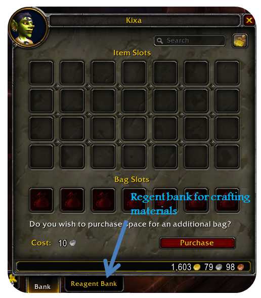 Screenshot of personal bank where you can store your items and reagents