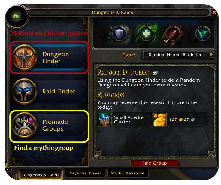 Screenshot of dungeon and raid finder in World of Warcraft