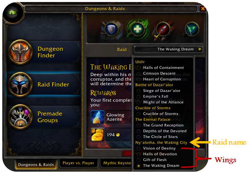 Screenshot of raid finder tool in World of Warcraft