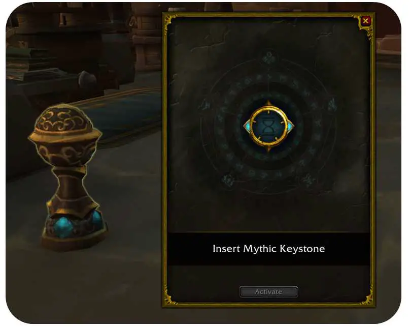 Screenshot of mythic plus Font of Power and interface for entering keystone in World of Warcraft