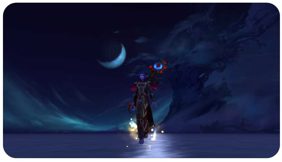 Alliance races: Night elf in front of burned Darnassus