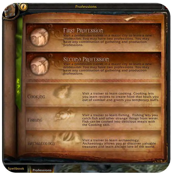 Screenshot of professions screen in World of Warcraft (WoW)