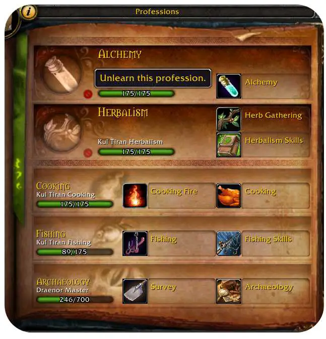 Screenshot showing professions window with option to unlearn a profession.