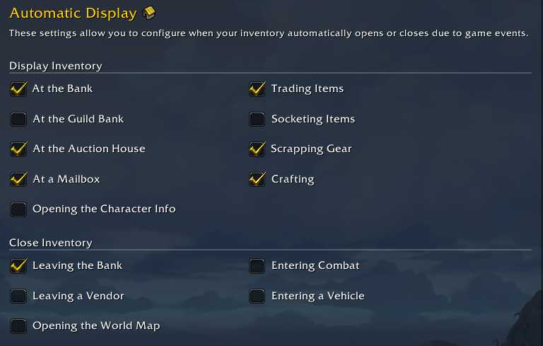 Automatic display settings window in Bagnon