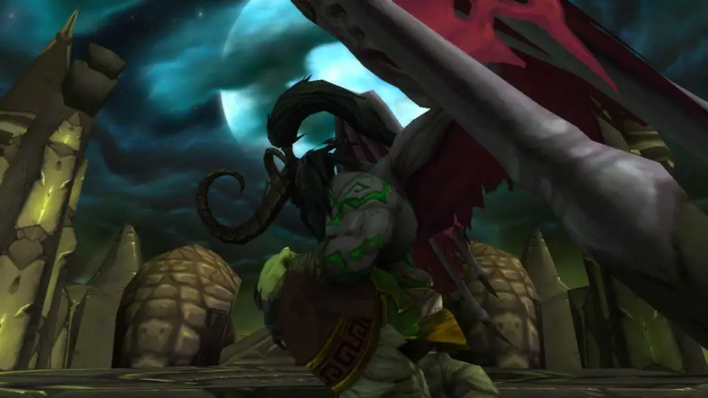 Illidan kneeling in front of the moon in Black Temple raid