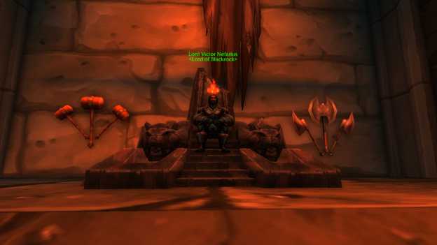 Screenshot of Lord Victor Nefarius (son of Deathwing) in Blackwing Lair sitting on throne
