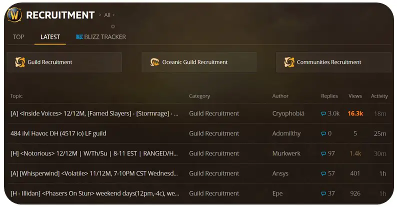 Screenshot of Blizzard guild recruiting forums