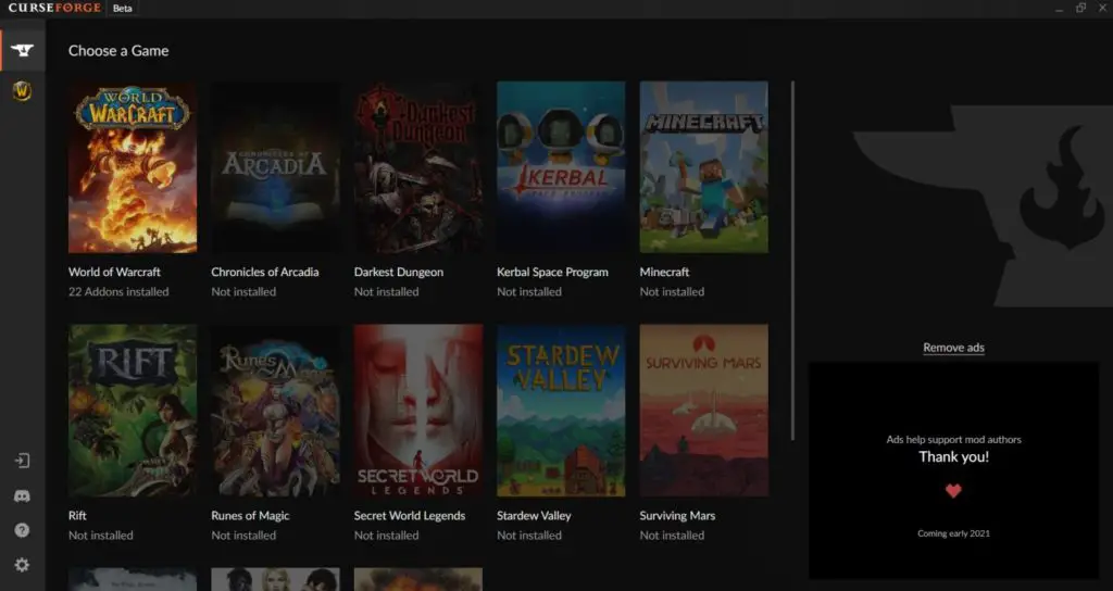 Screenshot of the CurseForge app offered by Overwolf. The best route for beginners to setup their WoW addons