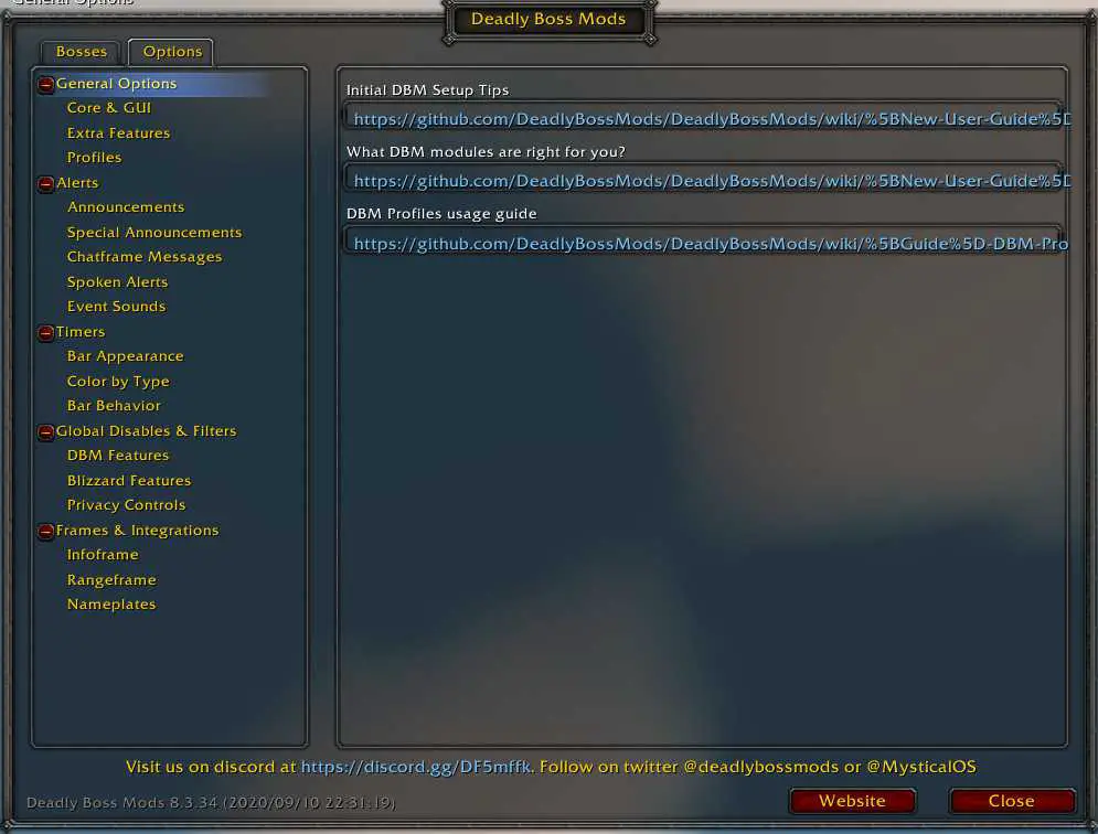 Options window of deadly boss mods addon in WoW