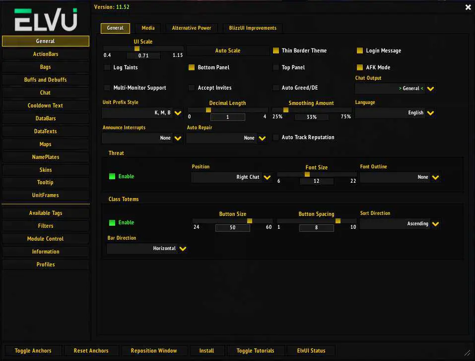 ElvUI in-game settings window