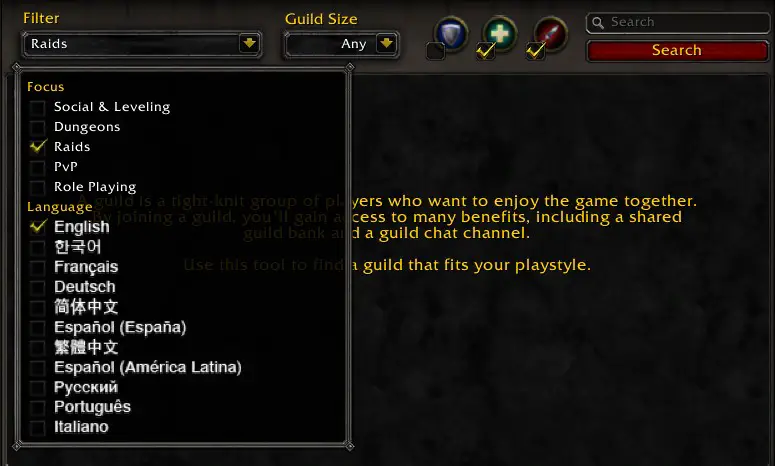 Screenshot of guild finder tool in World of Warcraft