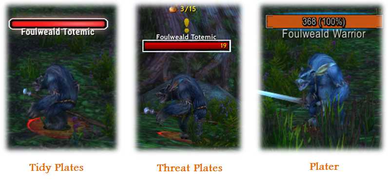 Screenshot of WoW user interface differences between tidy plates, threat plates, and plater.