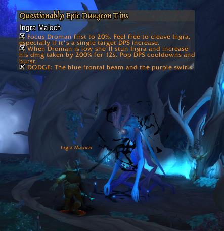 Screenshot of Ingra Maloch in Mist of Tirna Scithe and QE Dungeon Tips addon box