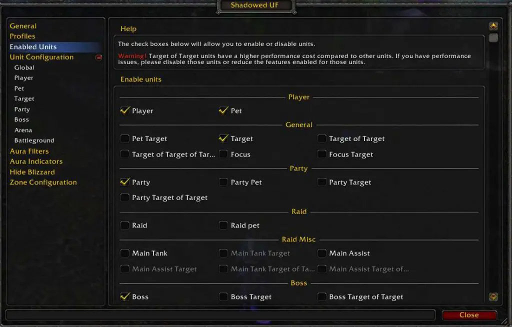 Shadowed Unit Frame in-game settings window