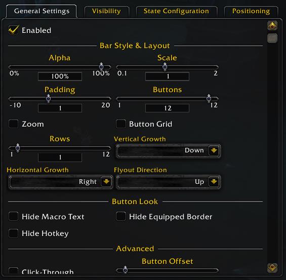 Screenshot of general settings tab in WoW addon bartender