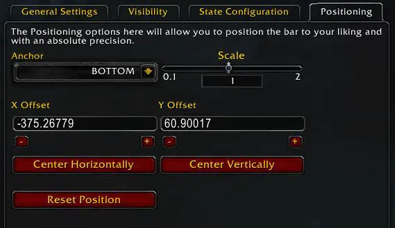 Screenshot of position settings tab in WoW addon bartender