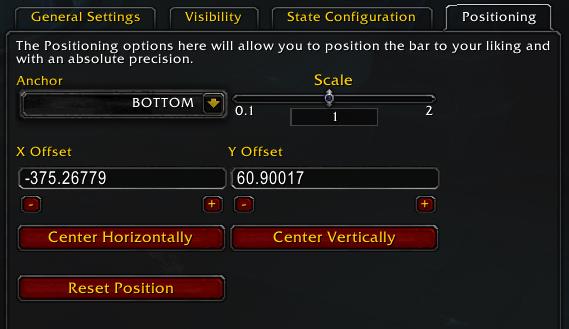 Screenshot of position settings tab in WoW addon bartender