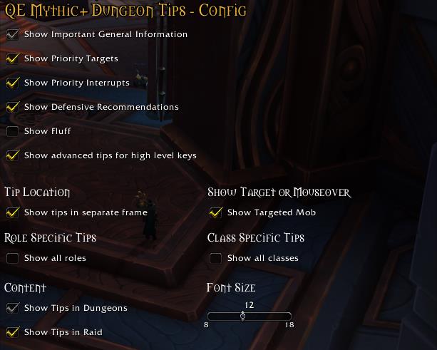 QE dungeon tips options window in World of Warcraft