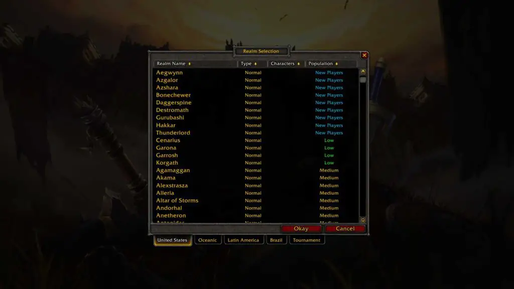 Screenshot of the realm selection window in World of Warcraft