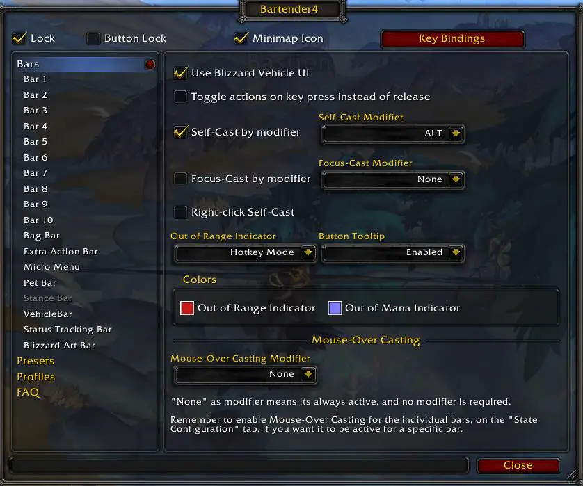 Settings window for Bartender4 action bar WoW addon