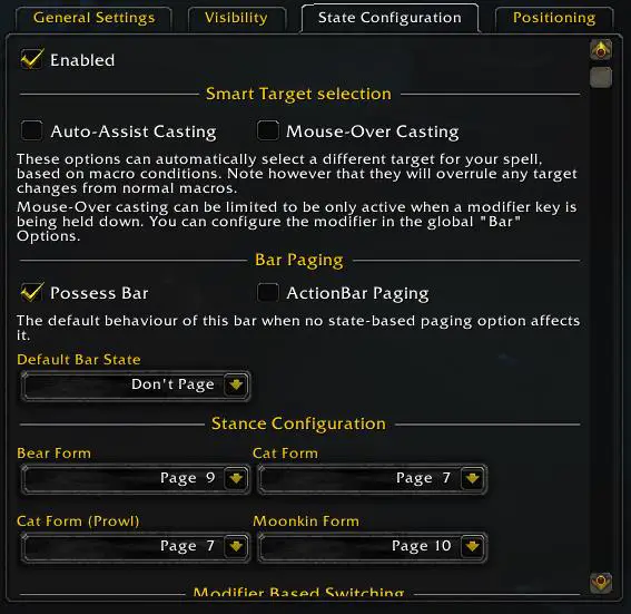 Screenshot of state configuration settings tab in WoW addon bartender