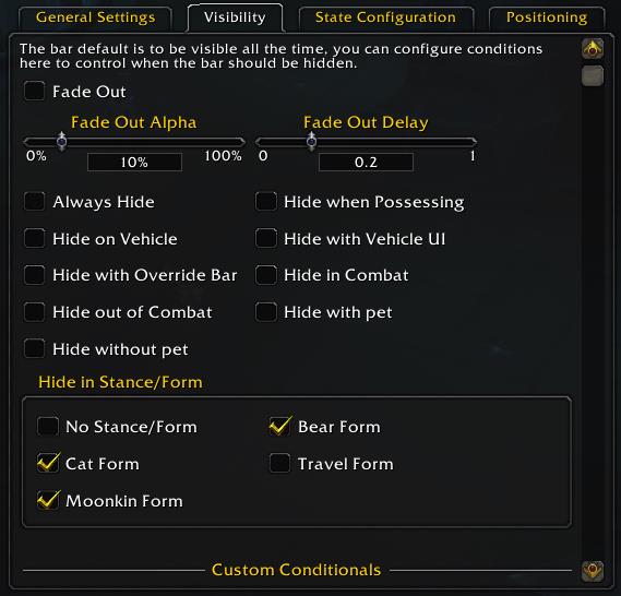 Screenshot of visibility settings tab in WoW addon bartender