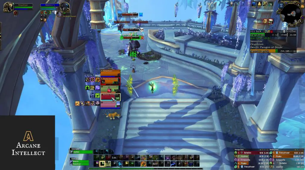 Screenshot of healer casting spells on group in mythic plus