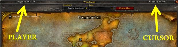 Screenshot of WoW world map with coordinates from TomTom addon