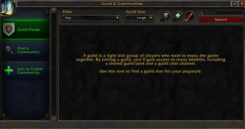 Screenshot of guild and communities tab including the guild finder and find a community options.