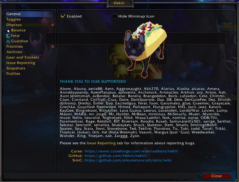 Screenshot of WoW addon Hekili options menu