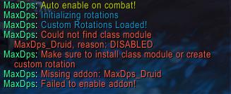 Screenshot of WoW addon MaxDps Failed to Enable addon error.