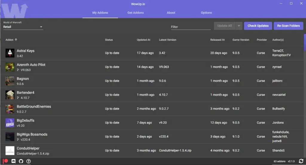 Screenshot of WowUp addon manager