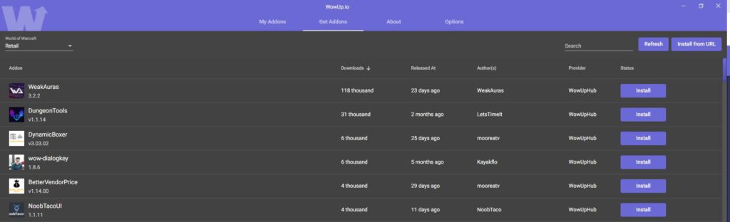 Screenshot of WowUp addon manager
