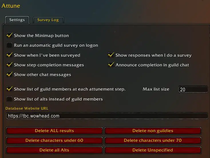 Screenshot of Attune addon options