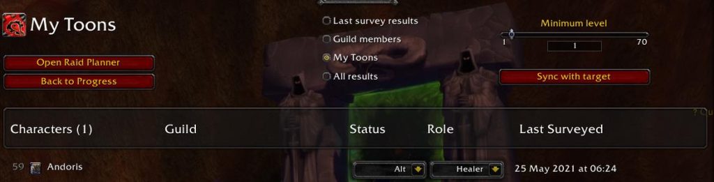 Screenshot of my druid status of alt and role of healer