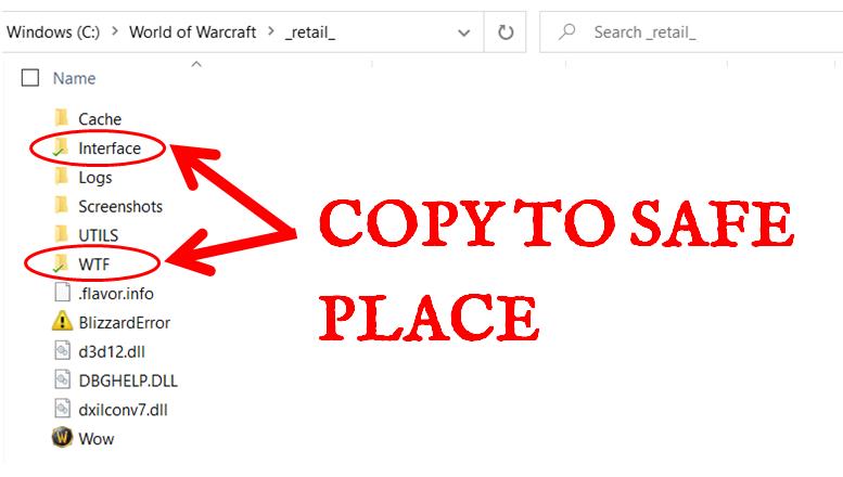 Screenshot of World of Warcraft game files, including Interface and WTF folder