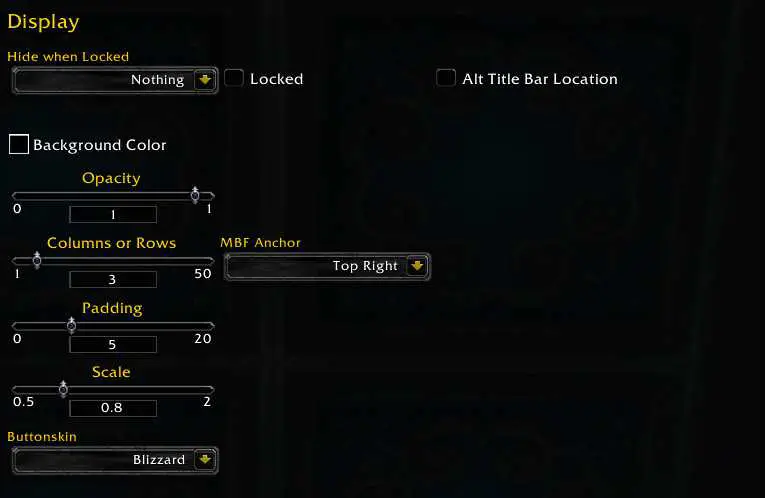 Screenshot of display options in MBF addon