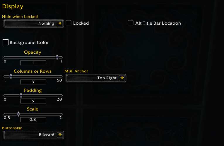 Screenshot of display options in Minimap button frameaddon