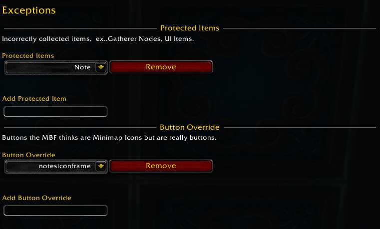 Screenshot of Minimap button frame (MBF) exceptions options