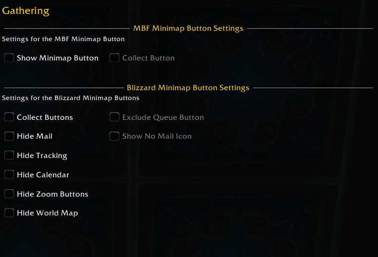 Screenshot of Minimap button frame 
(MBF) gathering options