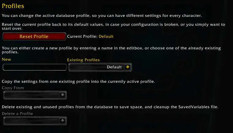 Screenshot of profiles options in MBF addon.