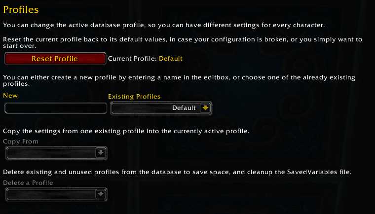 Screenshot of profiles options in Minimap button frame addon.