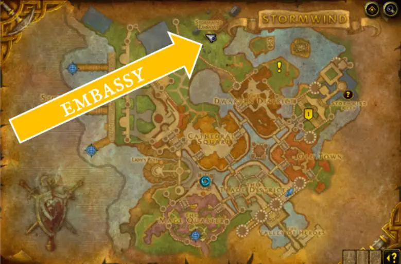 Map of Stormwind city and arrow pointing to Embassy location in the north.