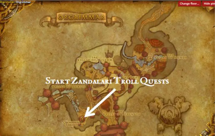 Map of Orgrimmar in World of Warcraft showing the location of the embassy