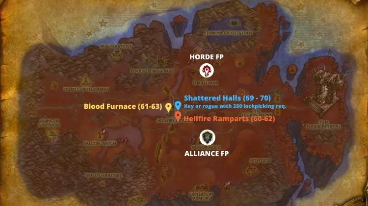 Screenshot of Hellfire Peninsula dungeon map in World of Warcraft: Burning Crusade