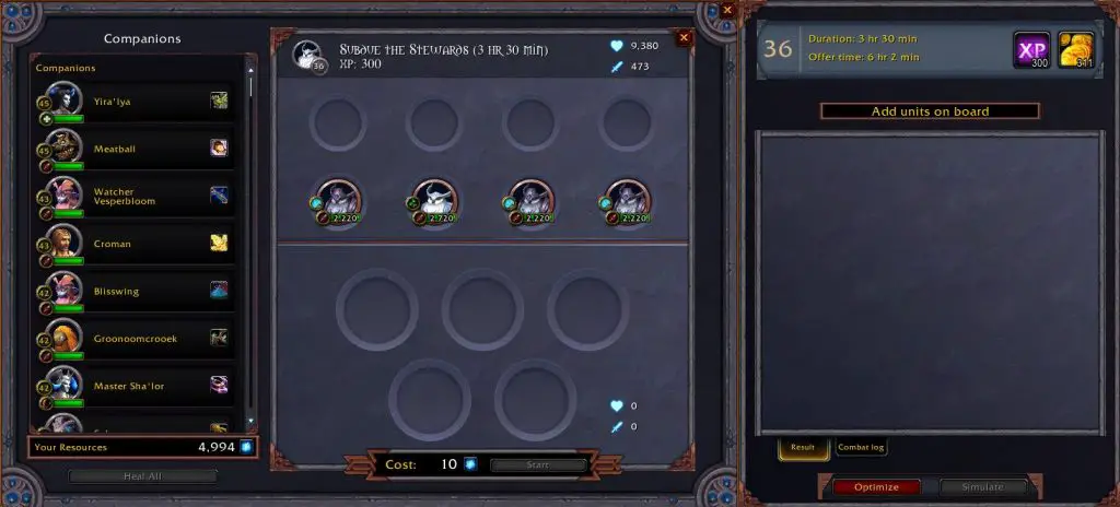 CovenantMissionHelper UI in WoW Shadowlands