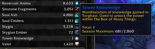 Screenshot of tower knowledge on currency tab in World of Warcraft