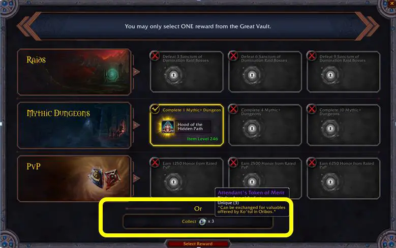 Great vault attendant's token selection screenshot
